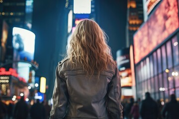 A woman walking alone on a city street at night