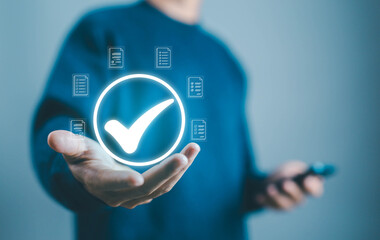 hand show checkmark task audit in a list of documents,  tick process order. checklist concept, documents survey item, detail business verify task, tick mark evaluation in options check form online