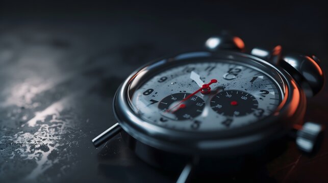 Urgent deadline concept with extreme close-up of stopwatch and red ticking hand, capturing the essence of countdown, time pressure, and competition
