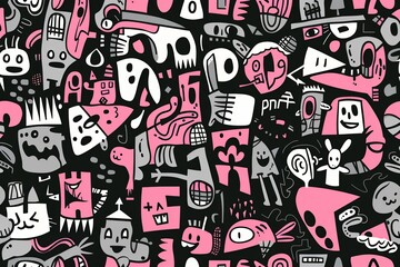 Abstract seamless pattern with doodle cartoon figures, shapes and characters. Hand drawn vector illustration of playful graffiti doodles in the style of doodling texture background in pink, grey and b