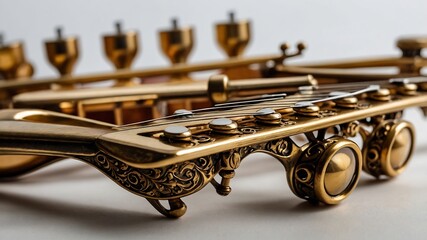 Obraz premium Golden and silver brass musical instruments, including a shiny golden flute, isolated on a white background