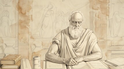 Historical Biblical Scene: Saint Jerome in Deep Focus Translating Bible, Peaceful Study Setting, Beige Background