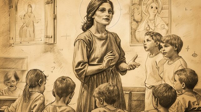 Illustration of Saint Ita as a Great Educator with Children, Medieval Setting on Beige Background