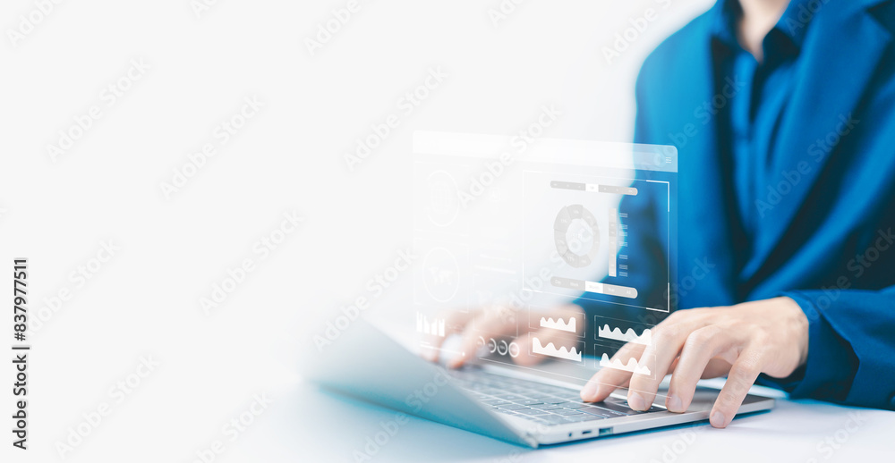 Aufkleber analytics and reports business. concept of analysis data plans shows a dashboard chart on the computer. analyst manages the system database, research on platform digital technology