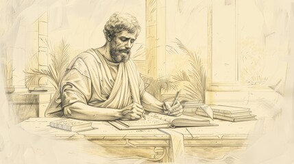 Fototapeta premium Depiction of Saint Luke the Evangelist writing his Gospel. Author and physician, simple attire, focused expression, ancient manuscripts, peaceful study. Biblical Illustration, Beige Background