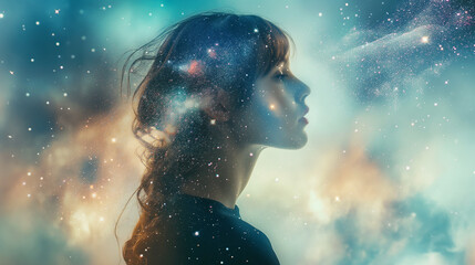 Abstract portrait of beautiful young woman. Astrology of life. Spiritual cosmic connection of soul and dreams. Female face with the galactic space of the universe around her. 