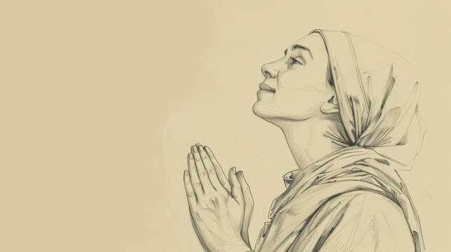 Saint Monica praying for her son, Saint Augustine's conversion. Simple attire, serene expression, peaceful and holy atmosphere. Biblical Illustration, Beige Background, copyspace.