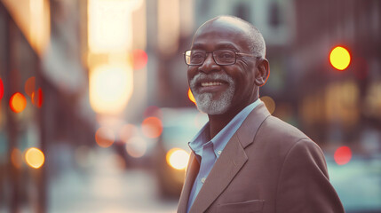 Senior African American business man stands on the street of a big city. A man of 65 or 70 years of age.