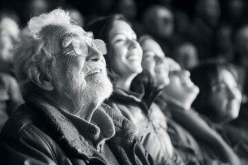 An elderly man in a circus auditorium watches acrobats, banner, copyspace
