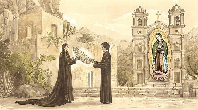 Saint Juan Diego presenting the tilma to the bishop, image of Our Lady of Guadalupe, beige background, Biblical Illustration, copyspace