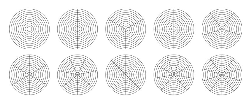 Polar grid concentric circles and steps. Blank vector polar graph paper. Radar circular graph screen. Grid with concentric circles diagram. Vector