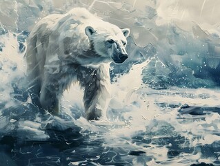 Obraz premium Artistic illustration of a polar bear standing on icy ground with splashing water, showcasing the beauty and strength of Arctic wildlife.
