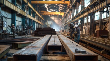 Steel fabrication workshop with workers cutting and shaping beams