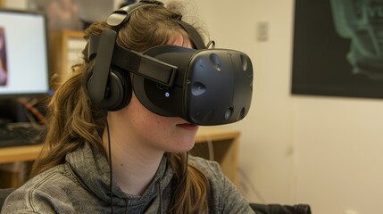 young woman is wearing a virtual reality headset indoors digital content.