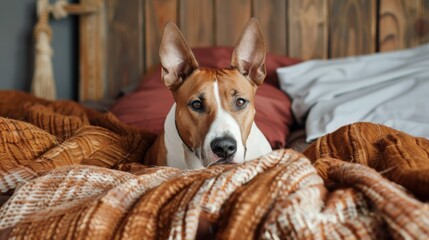 Obraz premium Brown and white Bull Terrier lounging on comfortable bed