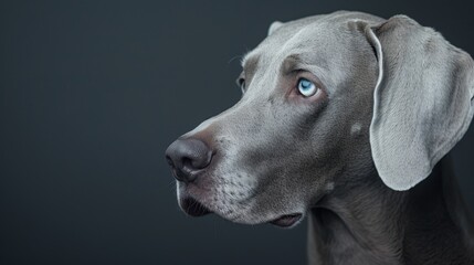 Fototapeta premium a close-up of a gray Weimaraner dog with bright blue eyes on a black background.