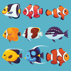 Collection colorful tropical fish illustrations against blue background. Different species showcasing variety patterns colors. Bright cartoon style emphasizes fish features expressions © Vectorvstocker