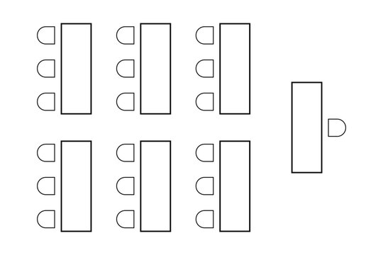 Graphic schema of seats in classroom. Lectorium, meeting or conference, training, seminar or business event seatings arrangement. Desks and chairs icons. Auditorium plan top view. Vector illustration