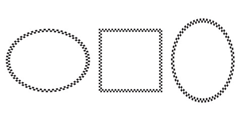 Oval, square and circle frames with checkered print. Elliptic, rectangular and round vignettes with checkerboard, rally flag or chess game pattern isolated on white background. Vector illistration