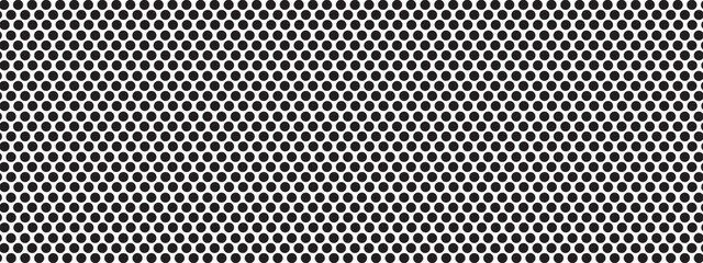 Perforated steel or iron texture. Pegboard, radiator or speaker grill surface with repeated round holes. Black circular dots on white background. Mosaic holey pattern. Vector graphic illustration
