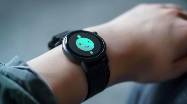 AI chatbot avatar displayed a close-up of a wrist with a black smartwatch that has a smiley face on the screen.