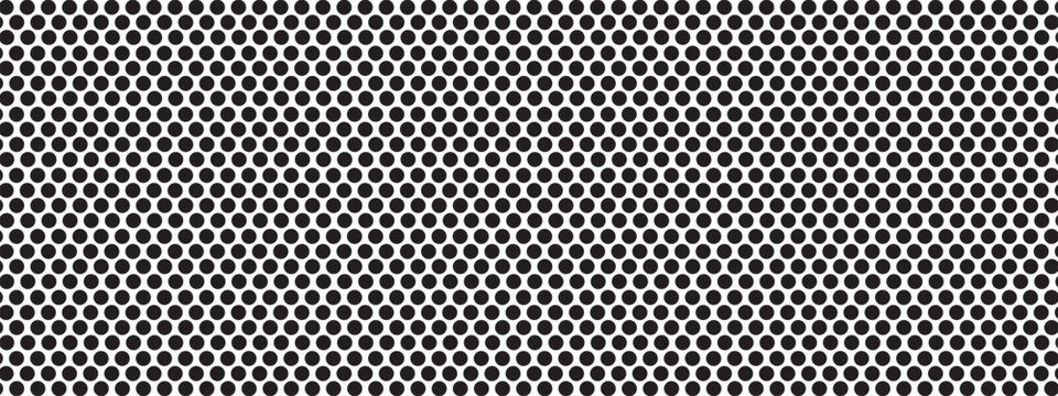 Perforated steel or iron texture. Pegboard, radiator or speaker grill surface with repeated round holes. Black circular dots on white background. Mosaic holey pattern. Vector graphic illustration