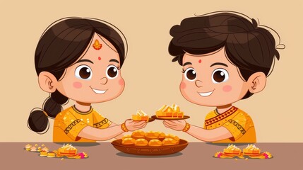 Cartoon vector siblings enjoying traditional Indian sweets after the rakhi ceremony Generative AI