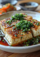 Hiyayakko - Chilled tofu topped with green onions, ginger, and soy sauce. 