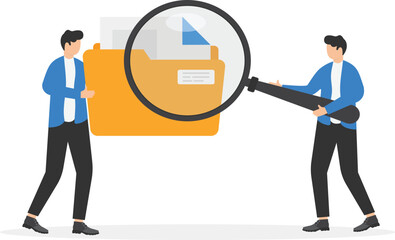 Female office employee hold folder with documents, man worker use big magnifying glass. File searching. File manager, data storage and indexing. Files search. Flat design element. Vector illustration
