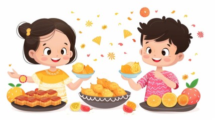 Cartoon vector siblings enjoying traditional Indian sweets after the rakhi ceremony Generative AI