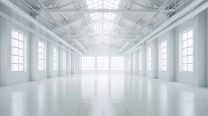 Obraz premium Industrial white warehouse with high ceilings and an empty floor plan, surrounded by a uniform white background