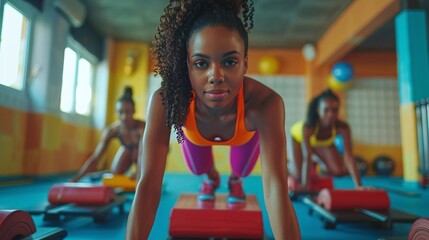 A woman participating in a step aerobics class