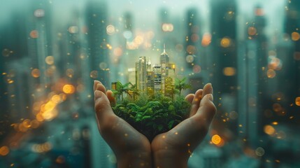 Hand holding a green plant above a miniature city model, symbolizing sustainability and eco-friendly urban development.