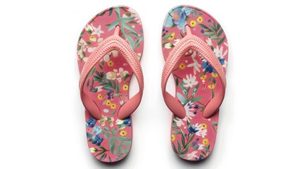 Colorful floral print flip-flops featuring vibrant flowers on a pink background. Ideal for summer, beachwear, and casual outings.