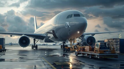 Obraz premium Freighter jet on the runway logistic team loading containers