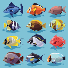 Collection colorful tropical fish swimming, various species illustrated. Vibrant hues decorate assorted tropical fish designs, marine life diversity represented. Illustrated exhibit range patterns