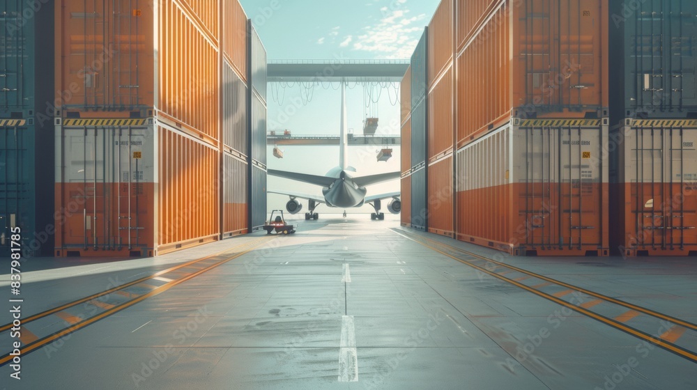 Wall mural Ground view of cargo containers being loaded into a modern freighter jet aircraft