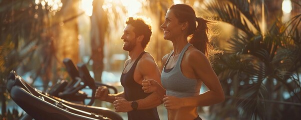 Fototapeta premium A couple motivating each other while running on elliptical machines