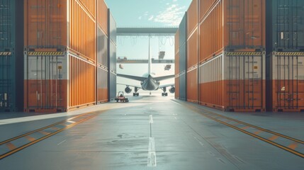 Fototapeta premium Ground view of cargo containers being loaded into a modern freighter jet aircraft