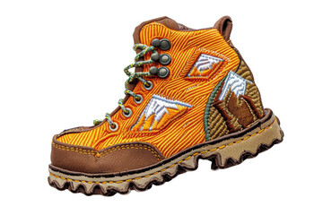 Close-up image of an orange hiking boot with rugged design and intricate stitching, featuring laces and detailed accents for outdoor adventures.