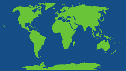 Green silhouette of the world map on the blue background.	