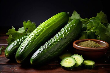 Three cucumbers are sitting on a wooden table with some parsley