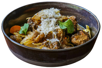Transparent background png file of real spaghetti pasta dish in traditional italian food style with beef stew and gravy sauce serve in dark bowl in close up picture and wood table background