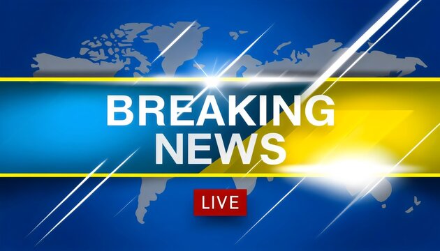 a dynamic "BREAKING NEWS LIVE" broadcast design, with a world map backdrop highlighted by a bold yellow flash across a blue background