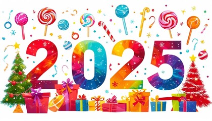 Fototapeta premium vivid illustration of the number 2025, surrounded by various Christmas trees, gifts and lollipops on white background, reflects the concept of celebrating the New Year.