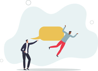 Obraz premium bossy aggressive businessman shout with speech bubble to hurt coworker or colleague.flat vector illustration.
