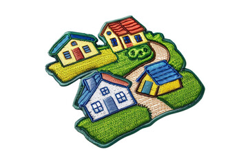 Fototapeta premium Colorful embroidered patch depicting a small village with houses, green lawns, and a winding path, ideal for DIY crafts.