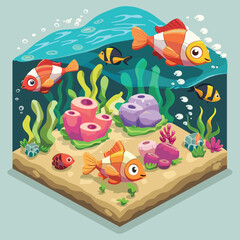 Colorful tropical fish swimming among coral reef underwater scene. Cartoon fish, corals, algae create vibrant underwater landscape. Isometric view aqua environment bubble details © Vectorvstocker