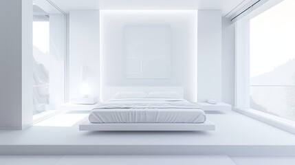Fototapeta premium Modern minimalist bedroom with white decor, natural light, and sleek design, creating a bright and serene space