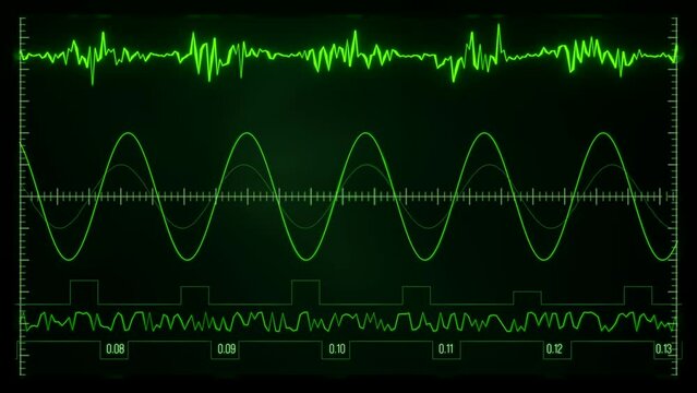 Moving sine wave and graphs. Monitor, oscillator, interface, display with green radar. Experiment, sine curve, mathematic, physics, digital display, interface, HUD, diagram, control.